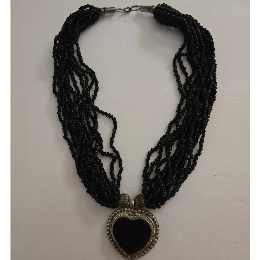Vintage Gothic Multi Strand Black Seed Bead Heart Pendant Necklace Statement